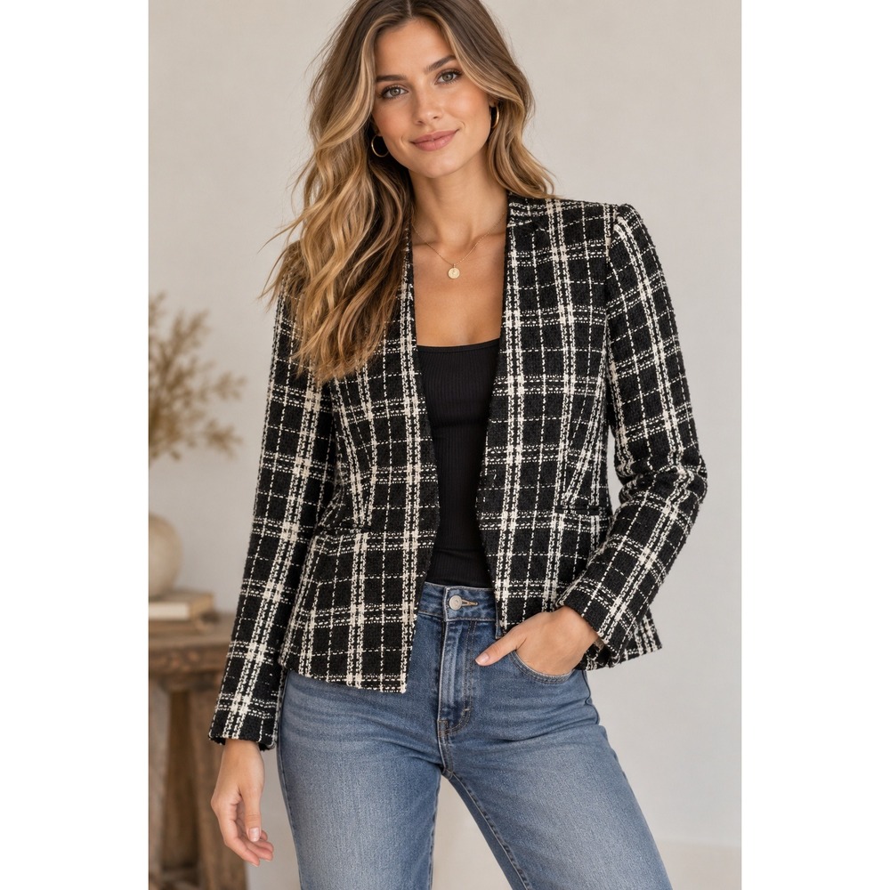 Calvin Klein Black White Plaid Tweed Open Front Blazer Jacket 6 academia